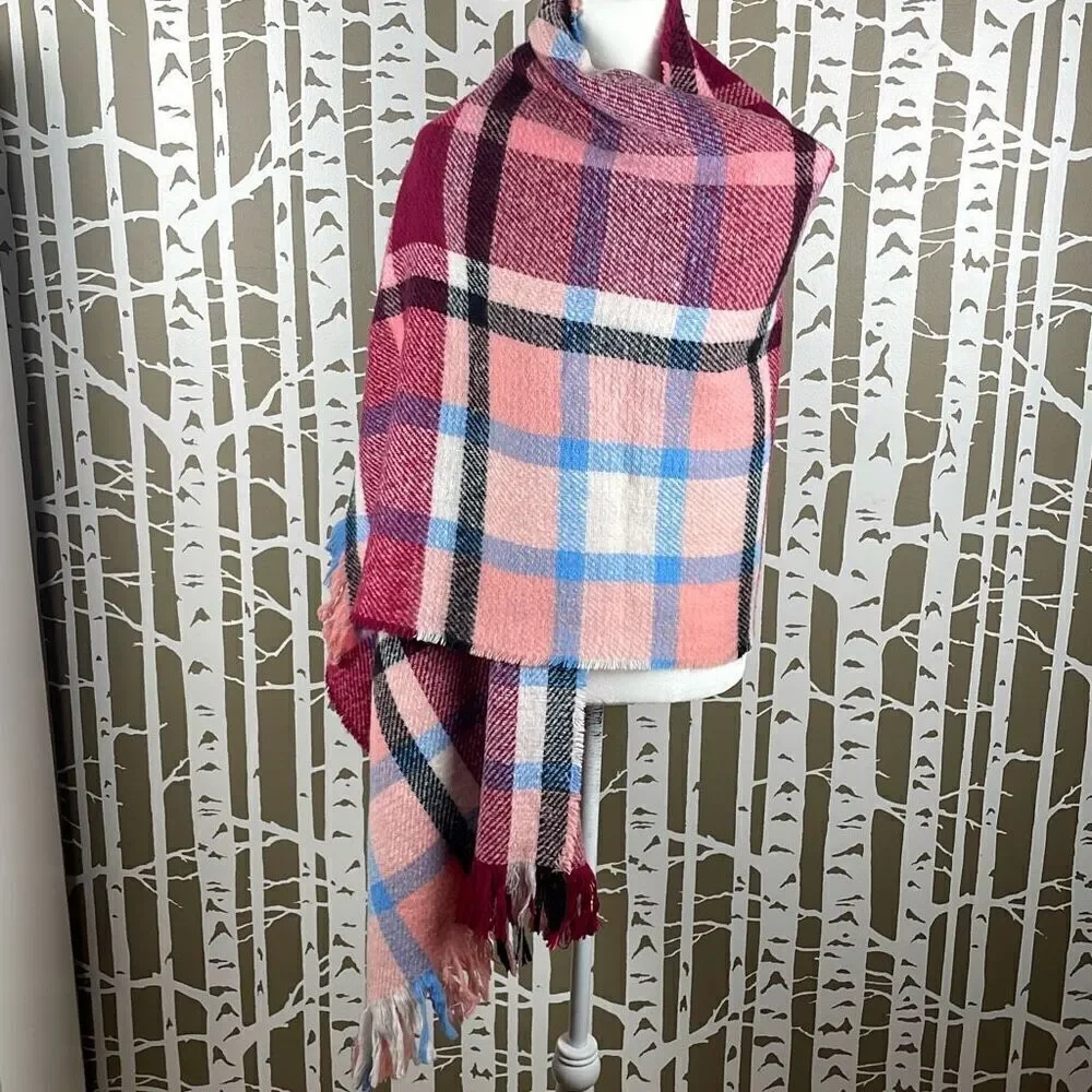Plaid Oversized Fringe Trim Scarf Shawl Wrap